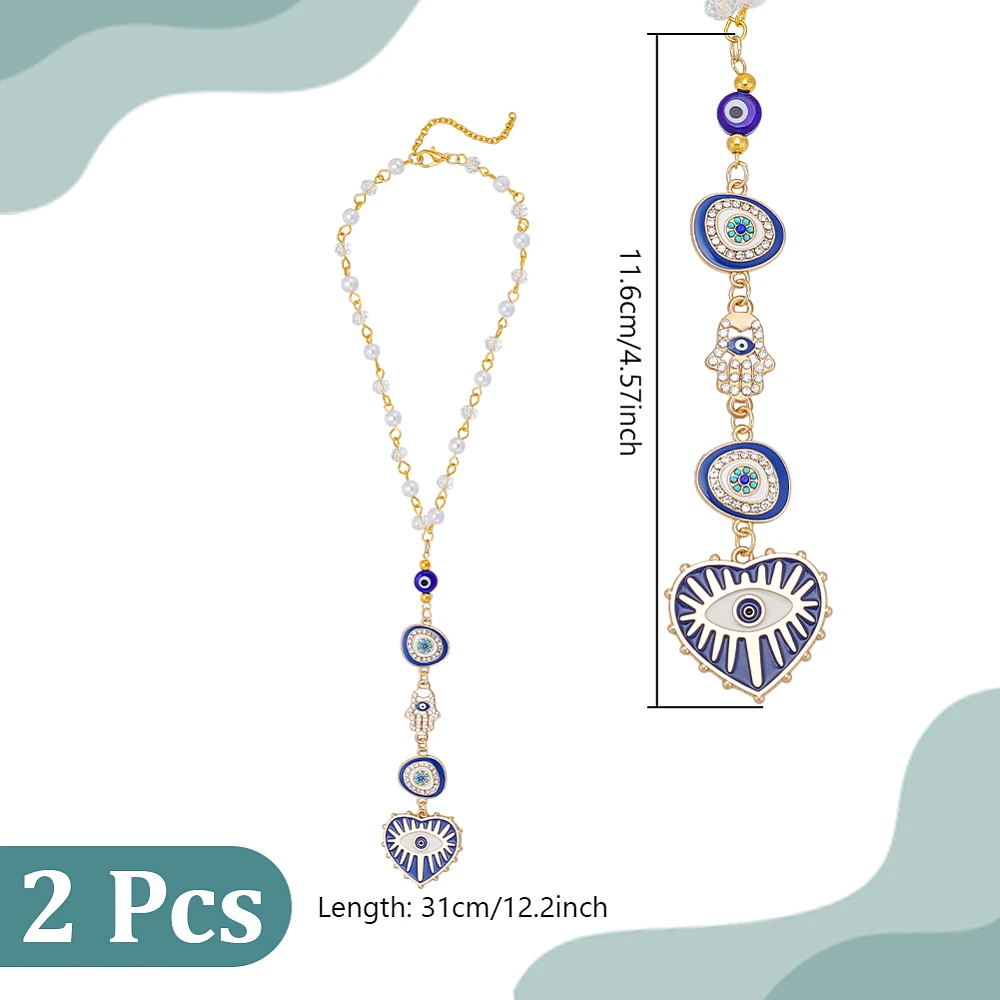 2 Pcs Car Hanging Ornament Heart Charms for Rear View Mirror Turkish Eye Beaded Car Accessories for Car Decoration Wedding Party