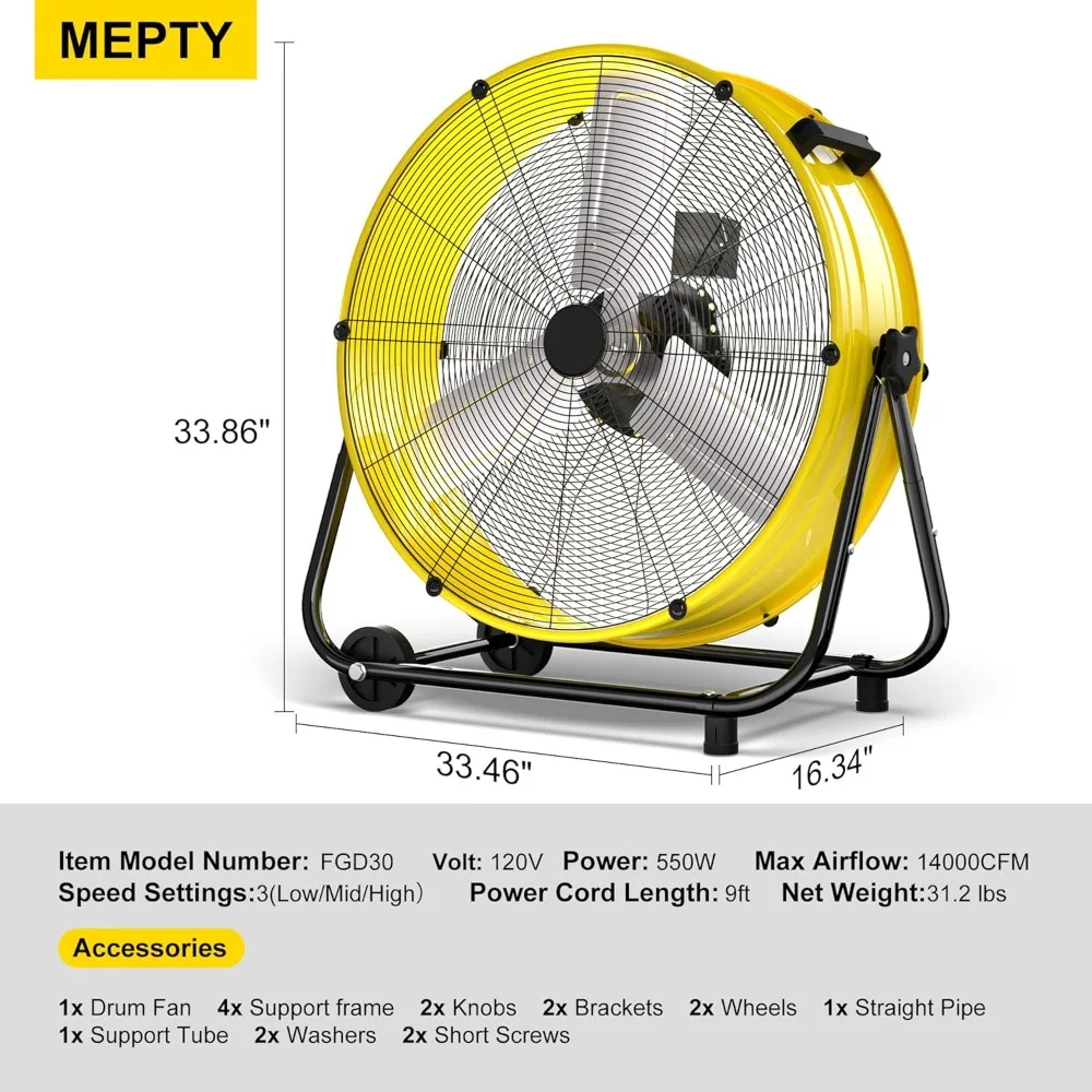 Przemysłowy wentylator bębnowy 24-40 cali, wentylator podłogowy o dużej prędkości 14000 CFM, 3-biegowy, wytrzymały metalowy cyrkulator powietrza do warsztatu, magazynu