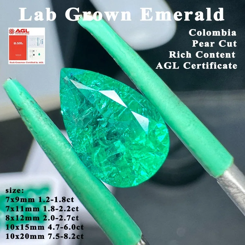 

Lab Grown Emerald Colombia Gem Pear Cut Rich Content Crack inclusions Advanced Jewelry Making Materials AGL Certificate