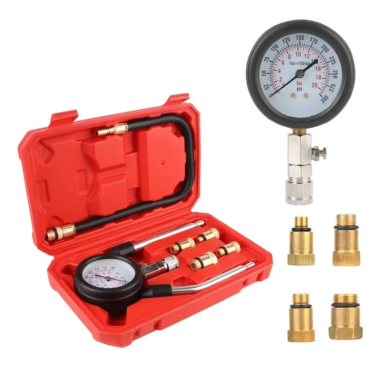 

With M10 M12 M14 M18 Adapter Automotive Cylinder Tester Kit Gasoline Engine Compression Meter Pressure Gauge 0-300 PSI
