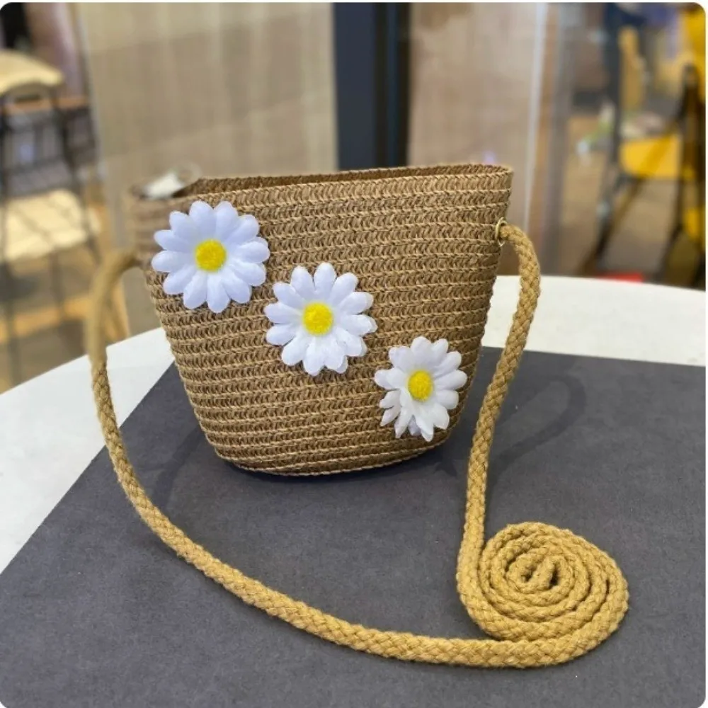 

Fashion Small Daisy Children Beach Straw Hat Lace Wide Brim Straw Bag Cap Set Sun Protection Solid Color Sun Hat Summer
