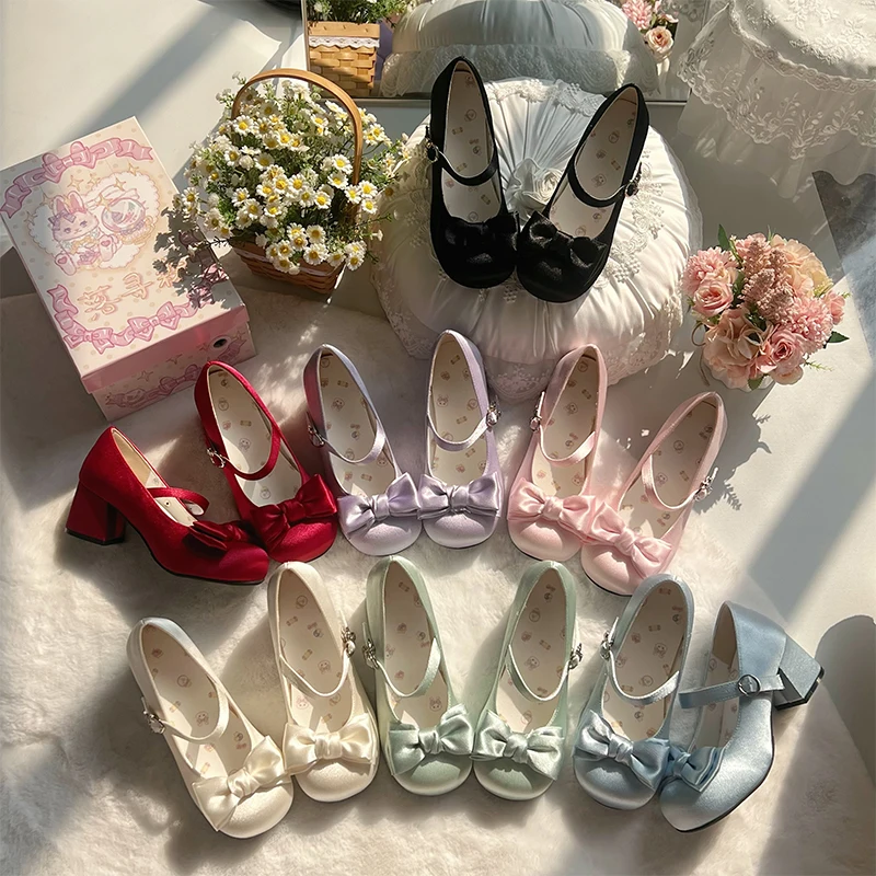 

Japanese Original Lolita Shoes Bow Satin Low Heel High Heels Elegant Ladies Ound Head Cute Lo Shoes Mary Jane Doll Shoes Women