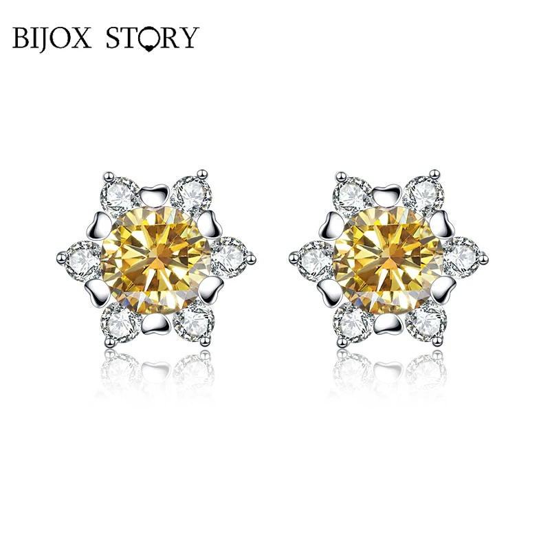 

BIJOX STORY 1Carat 6.5mm Moissanite Stud Earrings for Women Gift 925 Sterling Silver Cute Flower Shape Couple Engagement Earring