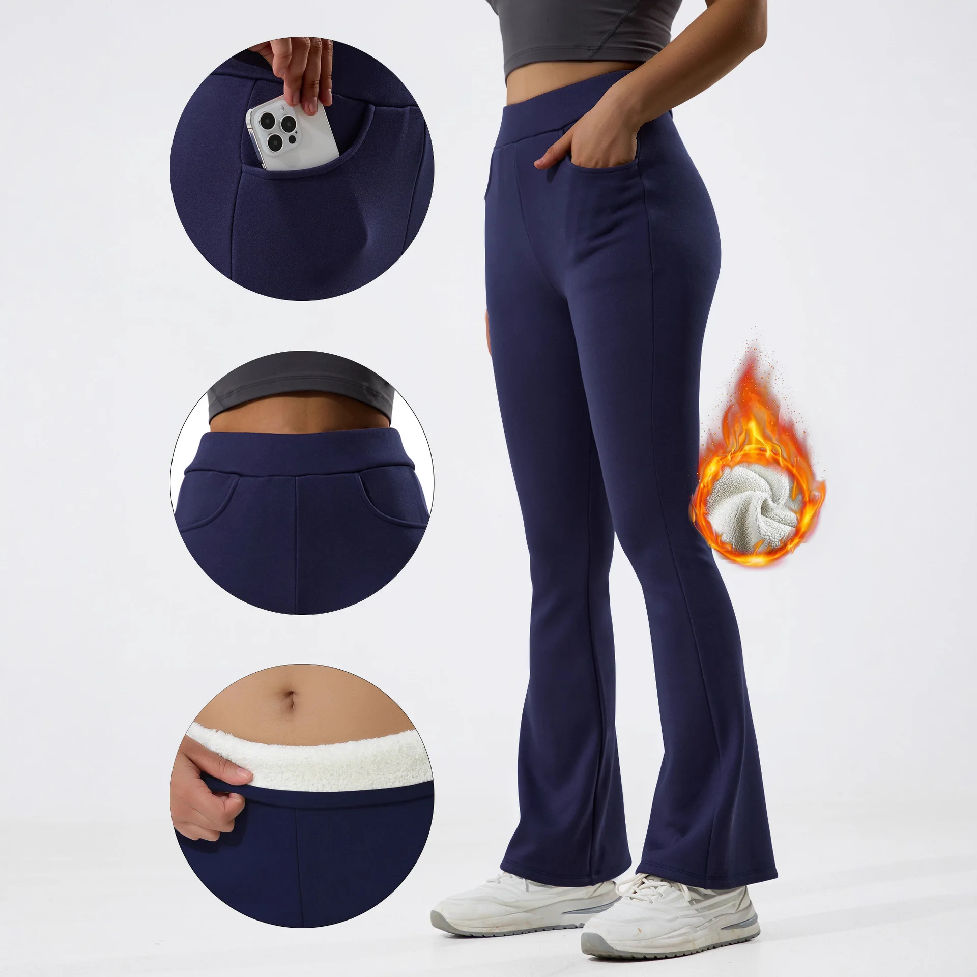 Women High Waist Fleece Lined Flared Leggings with Pockets Solid Color Winter Sports Bootcut Yoga Pants
