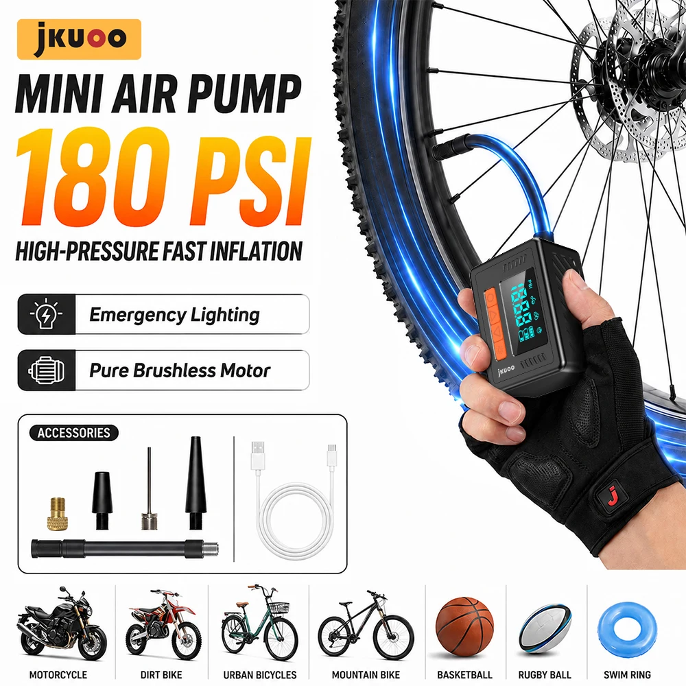 Cordless Tire Inflator Air Pump 180PSI Clear Screen 3 Inflation Modes 3 Lighting Modes One Click Preset Auto Stop for Bike