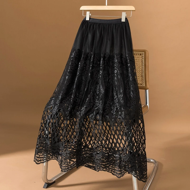 الرجعية تفريغ الدانتيل مطوي ميدي تنورة للنساء ربيع الخريف حجم كبير التخسيس ألف خط تنورة عالية الخصر العادية رقيقة