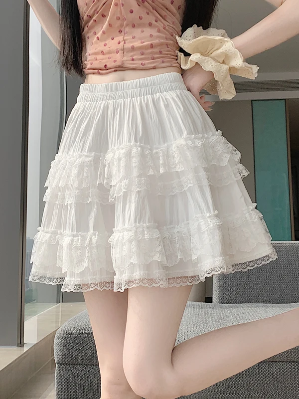 

White Cake Style High Waist A-Line Half Skirt Women's Summer New Slimming Lace Trim Anti-Light Fluffy Pleated Short Skirt
