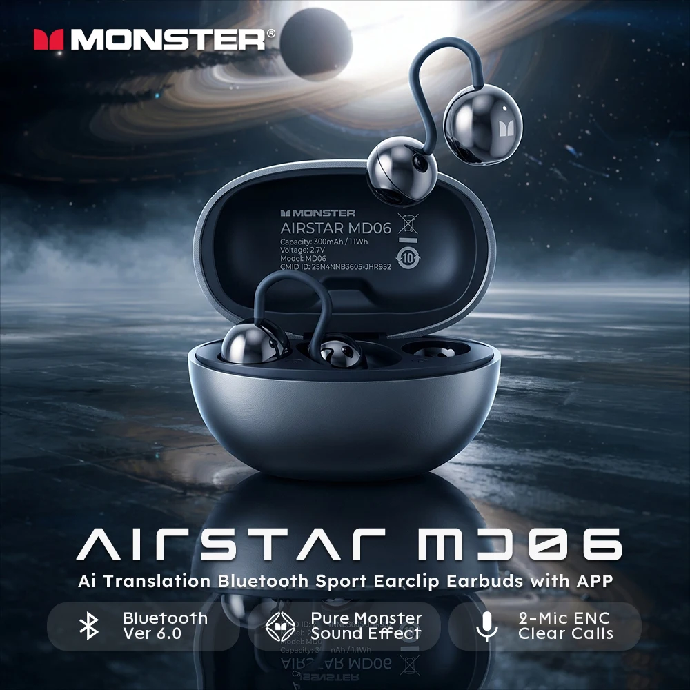 Monster Airstar MD06 Ohrclip-Sport-Ohrhörer mit KI-Übersetzung, Bluetooth 6.0 Kopfhörer, ENC-Anrufgeräuschunterdrückung, TWS-Ohrhörer mit APP