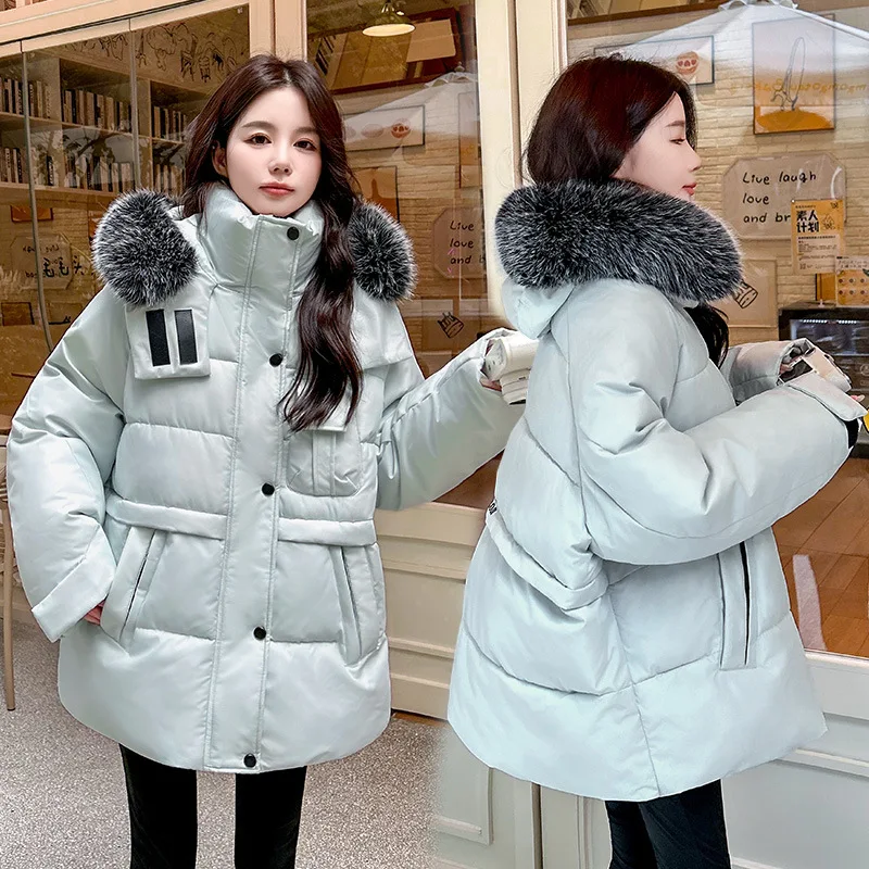 

2025 оверсайз свободное пуховое пальто с хлопковой подкладкой, женские зимние парки с капюшоном, утепленная теплая куртка с большим меховым воротником, студенческая верхняя одежда