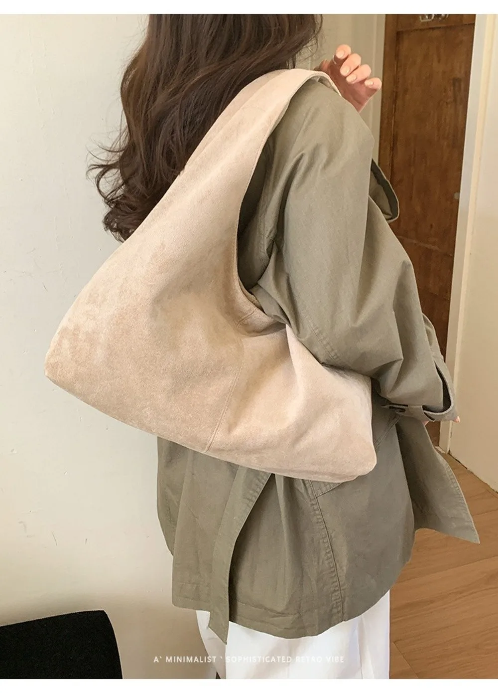 Lässige Retro-Damen-Schultertasche aus Wildleder mit großem Fassungsvermögen, einfarbige Shopper-Tasche – Detail 18