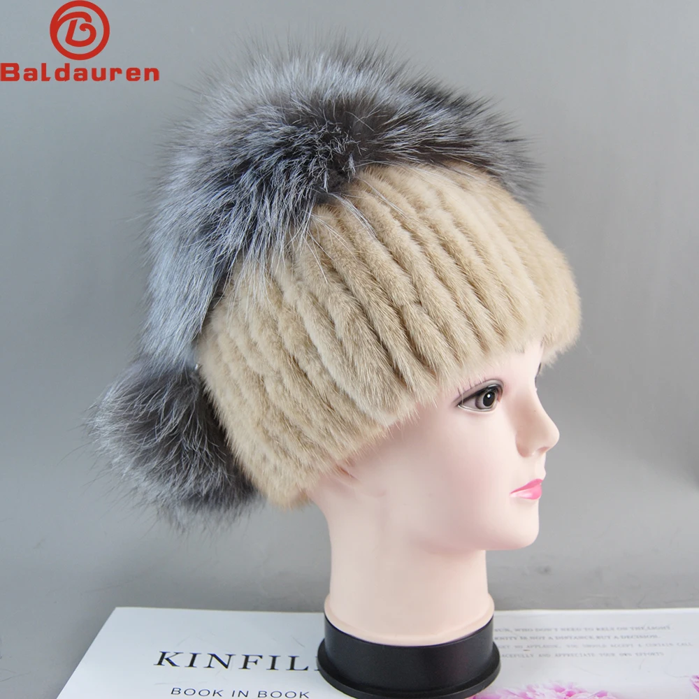 

Hot Sale Women Knitted Mink Fur Hat Styles Woman Fur Cap With Fox Fur Tassel Lining Women Winter Hats Girls Hats For Beanies Hat