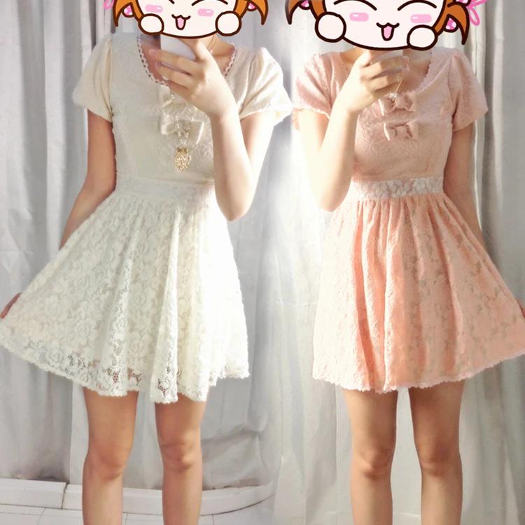 Japan Liz Lisa Knitted Whole Lace Jacquard Bows Pricess Short Sleeve Mini Dress