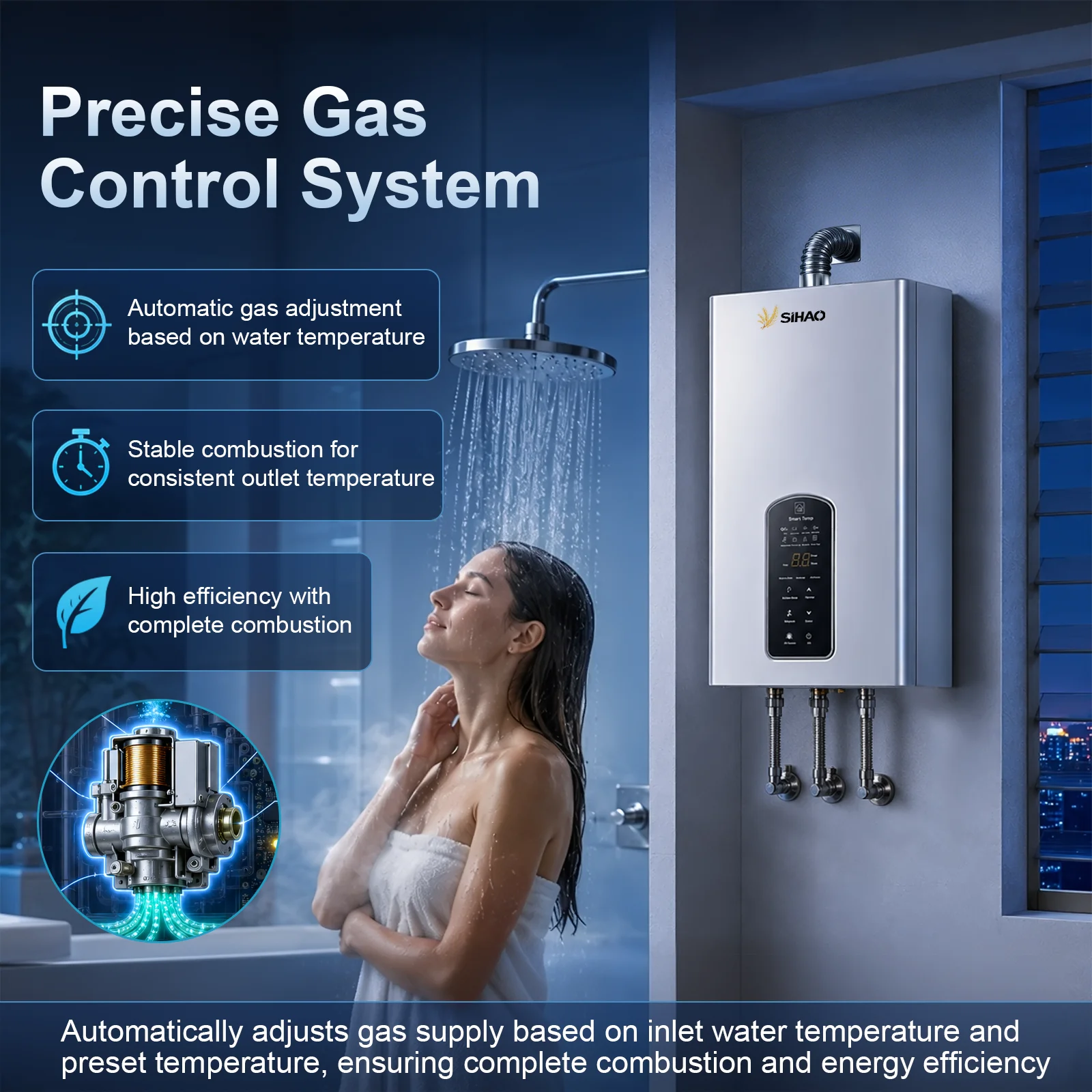 Home Instant Hot Water Heater｜SIHAO 10L 12L 14L Power Vent Natural Gas Tankless Heater, 0.02‑1.0MPa Working Pressure, AC90‑250V, 60mm Flue, All Copper Heat Exchanger & Touch Control