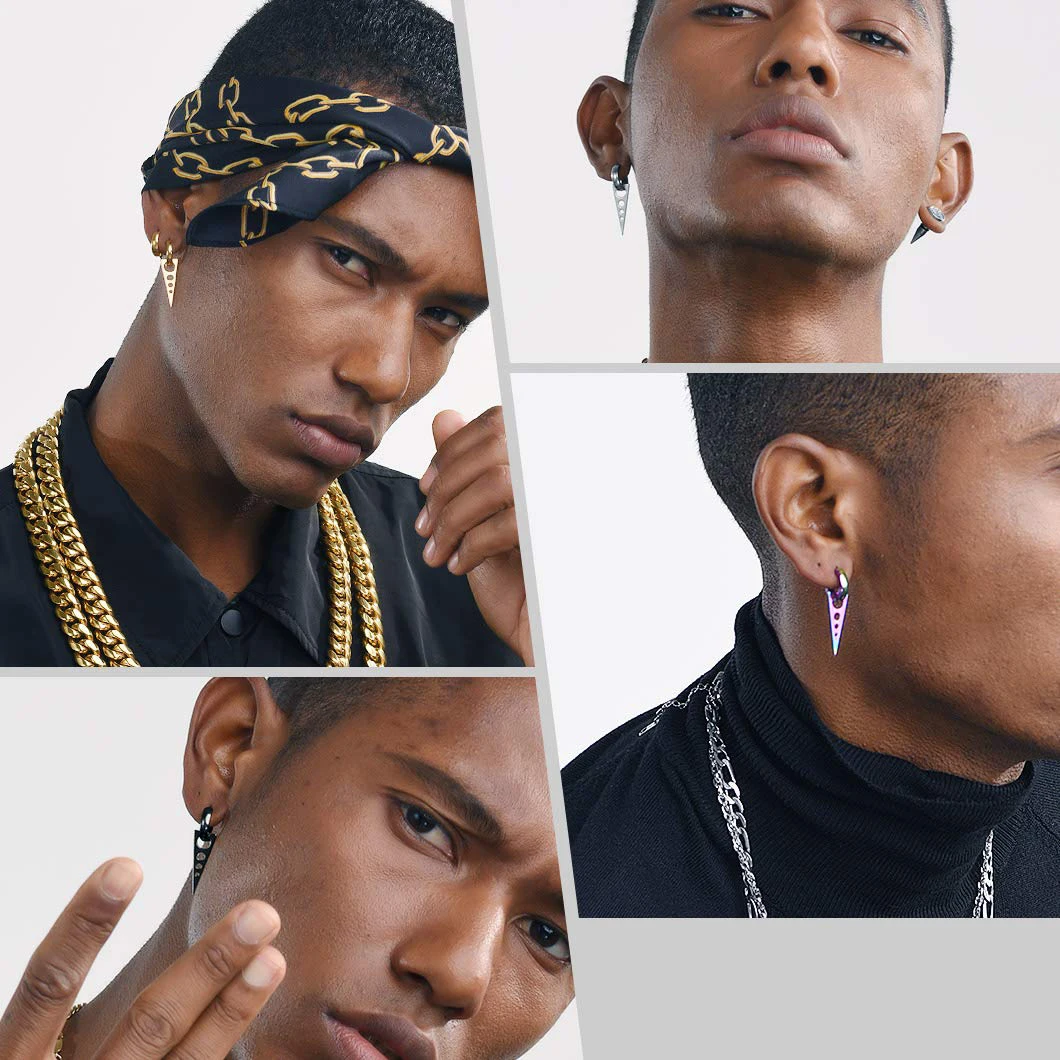 2PCS Men Punk Triangle Dangle Earrings Women Gothic Stainless Steel Triangle Ear Stud Earrings Piercing Huggie Pendant Jewelry