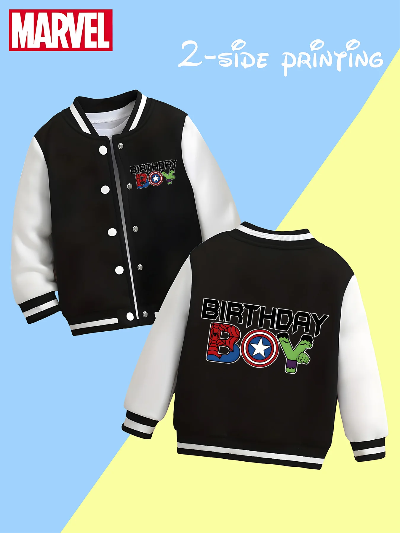 

MINISO Marvel Boys' Baseball Jacket - Birthday-themed hero reversible pattern, soft fabric