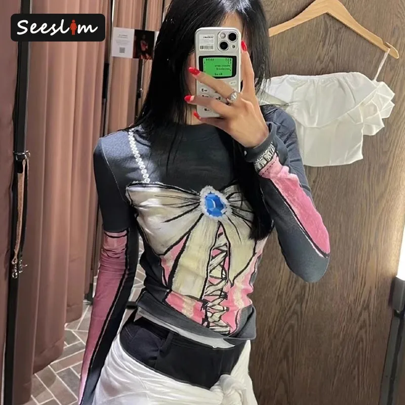 Seeslim Hotsweet Graphic T Shirts Woman Clothes Long Sleeve Slim 2000s Clothes Y2k Tees Female Clothing Spring Autumn Tops Chic