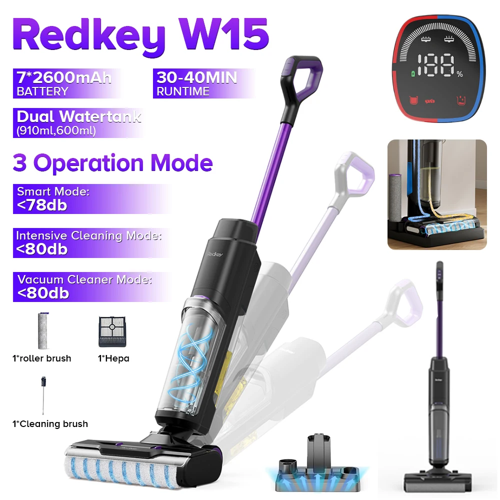 Redkey W15 – wielofunkcyjny odkurzacz do czyszczenia na mokro i na sucho, zasilany baterią, o mocy ssania 23000 Pa, przeznaczony do czyszczenia twardych podłóg i usuwania uporczywych zabrudzeń.