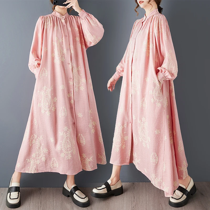 

Весенне-осеннее свободное платье-рубашка миди большого размера с воротником-стойкой, модным принтом, плиссировкой и вставками, элегантное хлопковое платье с длинным рукавом