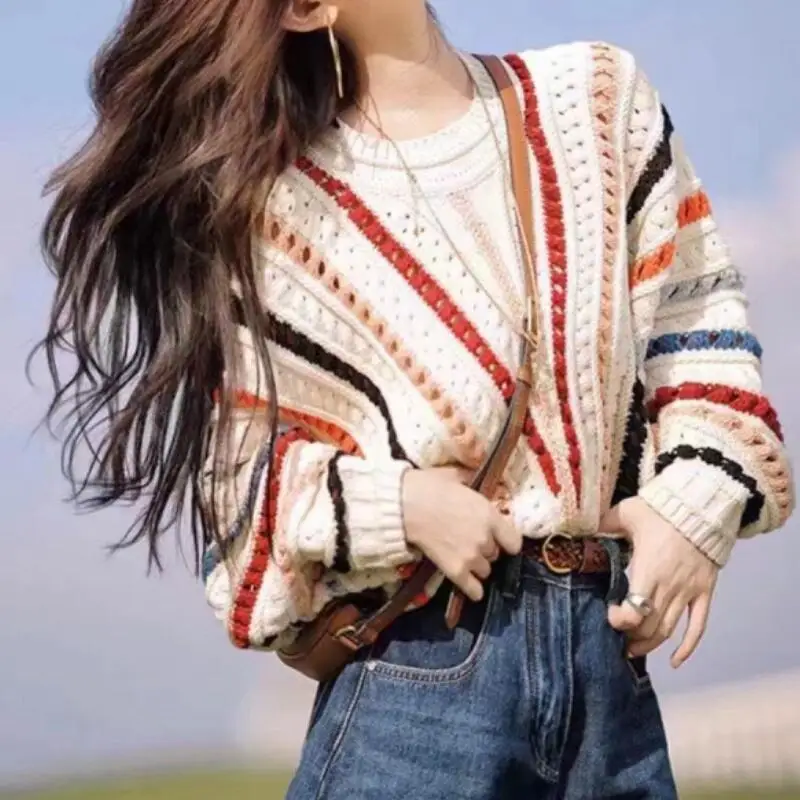 

2026 Autumn Winter New Women Fashion Design with Hollow Rainbow Stripe Knitted Sweater Casual Loose Lazy Knitted Sweater Coat