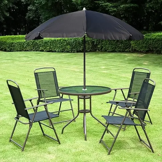 

Set with Umbrella, Outdoor Table and Chairs with Folding Dining Chairs & Round Glass Table for Garden, Backyard and Poolside