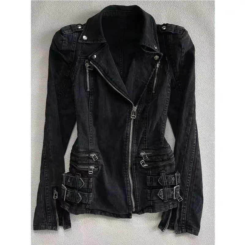 2026 Y2K American Retro Gothic Black Slim Double Zipper Hoodie Women Fashion Slim Oversized Cuffs Casual Motorcycle Jacket - view 3