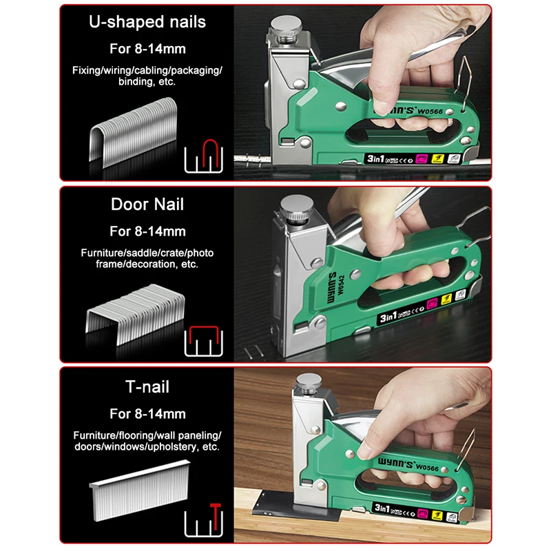 WYNN\'S Versatile 3-in-1 Light Duty Nail Gun Manual Staple Gun for Carpentry and DIY Home Decoration Upholstery Furniture Tools