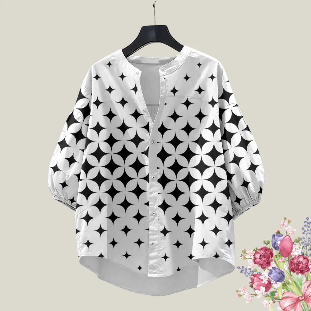 

Women's short sleeved shirt top with ruffled sleeves, square star 3D printed casual fashion vacation Hawaiian shirt