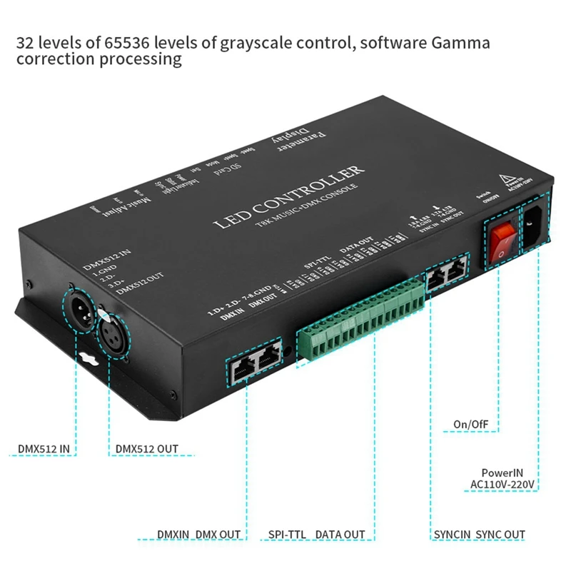 T8K เพลง + คอนโซล DMX 8 ช่องพอร์ตพร้อมไมโครโฟน In/Aux ใน SPI-TTL Led Strip Light Controller สําหรับ WS2811 WS2812B