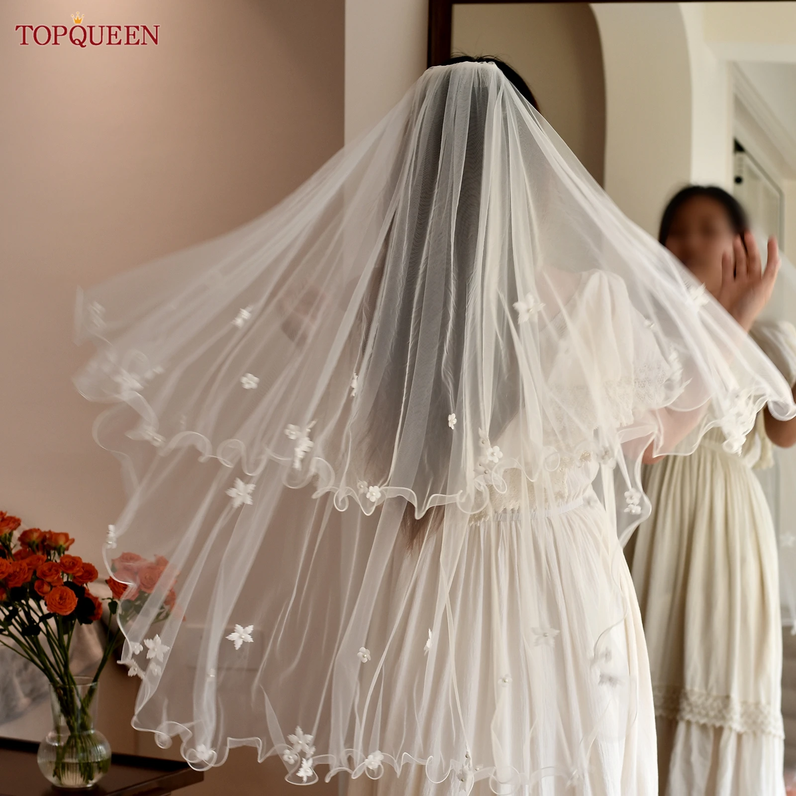

Свадебная фата TOPQUEEN V283 Super Fairy с 3D цветочным краем, ручной работы, двухслойная, короткая, женская, свадебный аксессуар, с возможностью индивидуального заказа