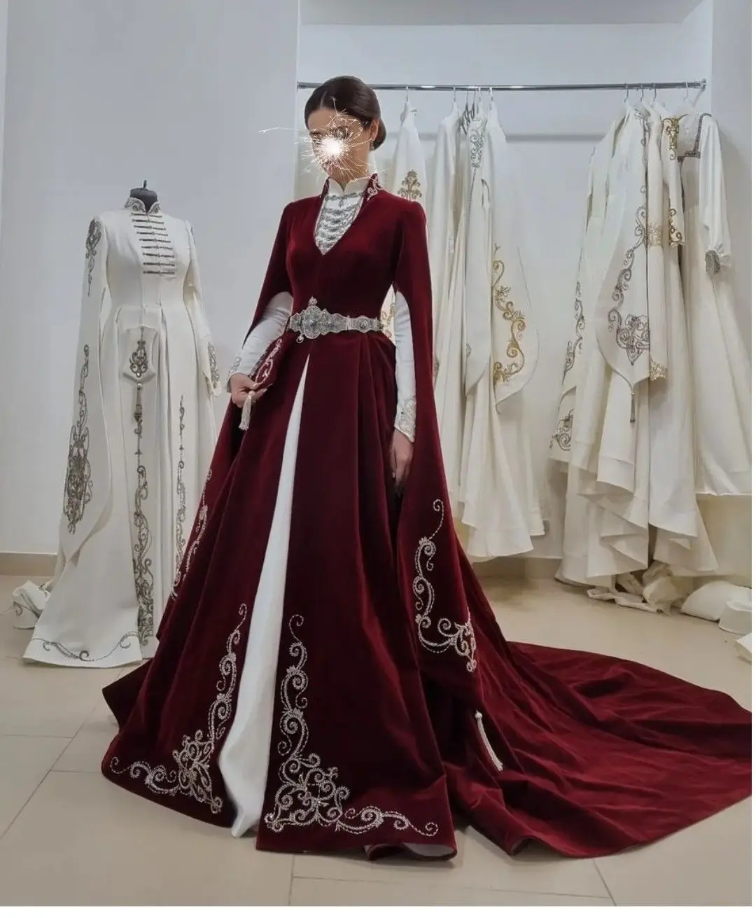 Moroccan Kaftan Evening Dresses Cape Long Sleeve Caucasus national Burgundy velvet Arabic Caucas Celebrity prom Dress