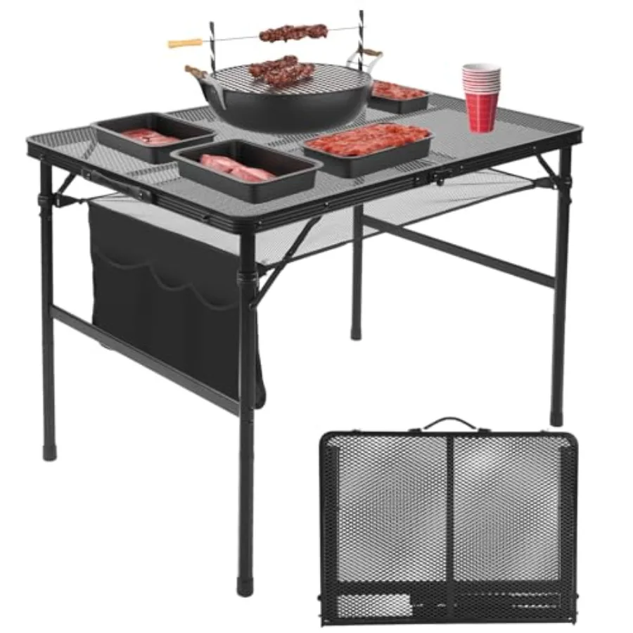 

Folding Grill 3x2 FT Portable Camping Table, Lightweight Height Adjustable Metal Picnic Outdoor Table with Mesh Desktop and Mes
