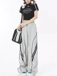 QWEEK Harajuku Egirl Gray Track Pants Women Y2K Vintage Striped Sweatpants Oversized Streetwear Hippie Wide Leg Black Joggers