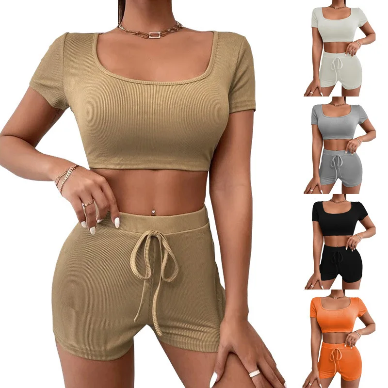 Women's Casual Comfortable Versatile Summer New Womens Solid Color Navel Square Neck Drawstring Tight Suit Sport Runing Suit Set