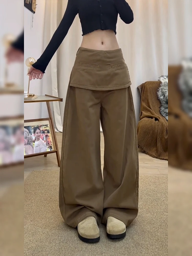 

American High Street Design Fake Two-Piece Floor-Length Skirt Pants Women's Spicy Girl Versatile Vintage Mural Wide Leg Pants