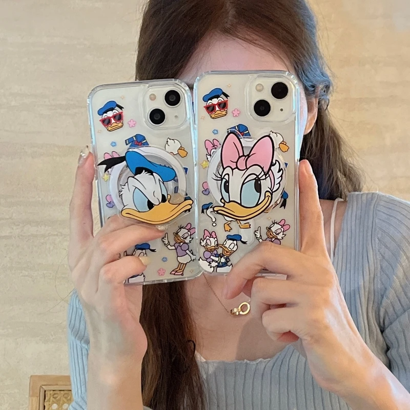 Disney Donald Duck Daisy Magnetic Bracket Magsafe Wireless Charge Phone Case For iPhone 15 14 13 12 11 Pro Max Clear Hard Cover