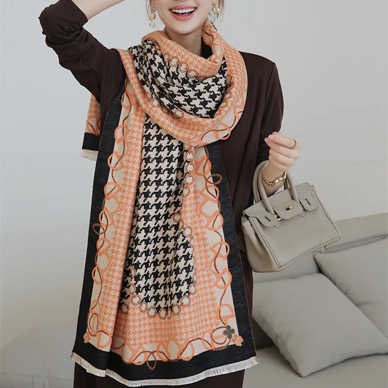 

New European and American style Winter Houndstooth stripe horse flower shawl female cashmere blended Windproof and warm scarf