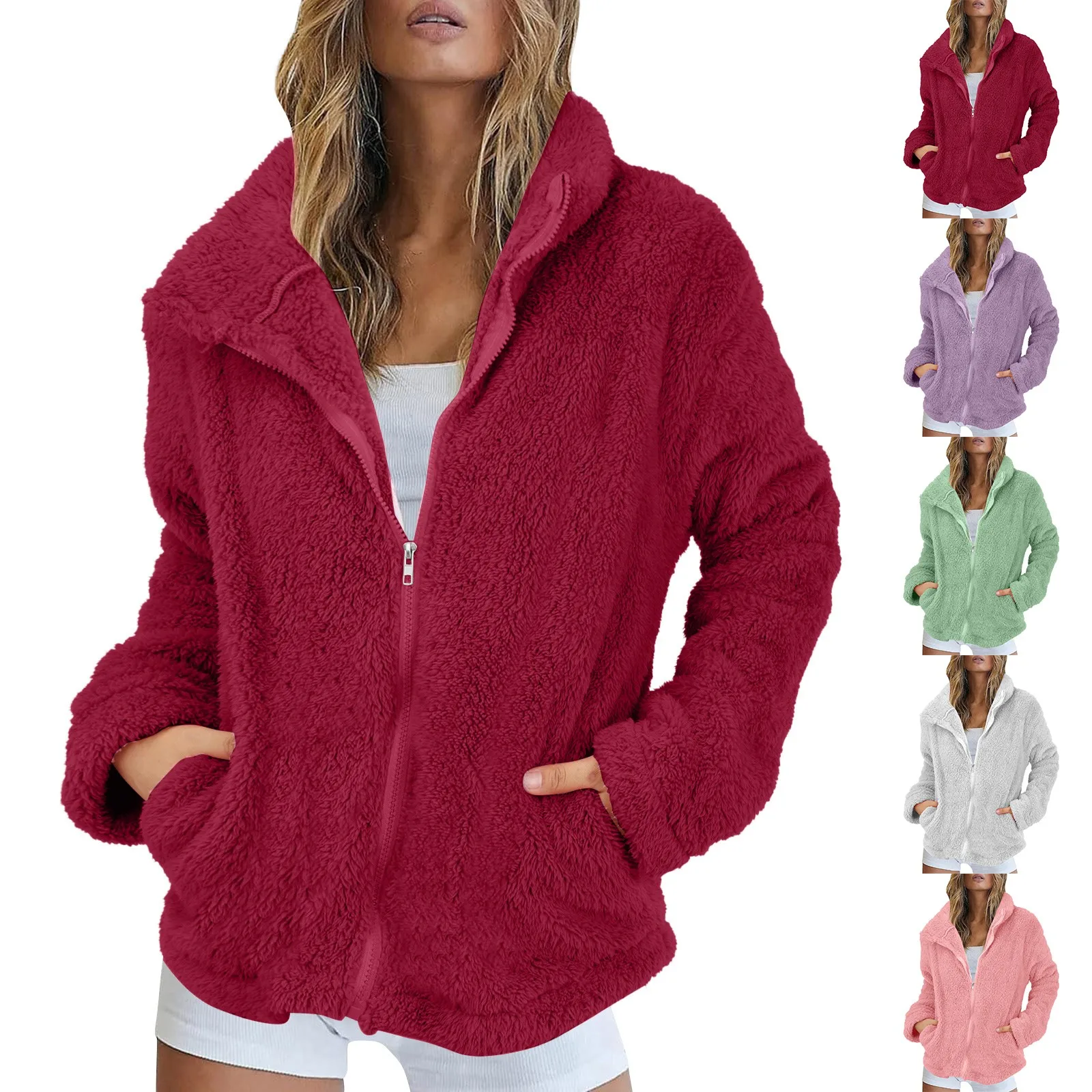 Women Solid Colour Coral Velvet Coat Cardigan Furry Soft Pockets Clothes Autumn Winter Warm Zipper Jacket Female Fleece Clothing