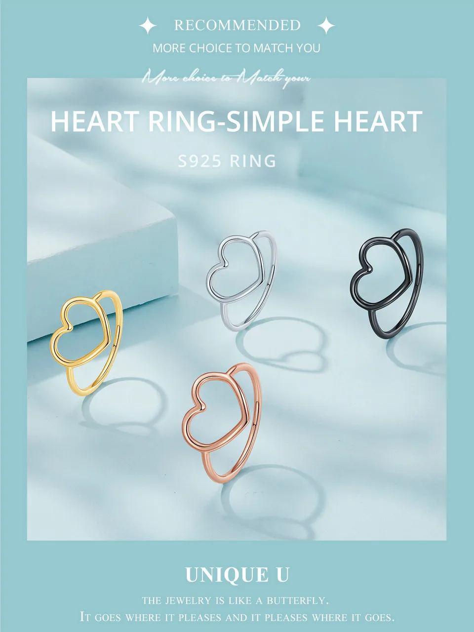 BAMOER 925 Sterling Silver Minimalist Heart Finger Rings for Women Wedding Engagement Statement Fashion Jewelry 4 Colors SCR641