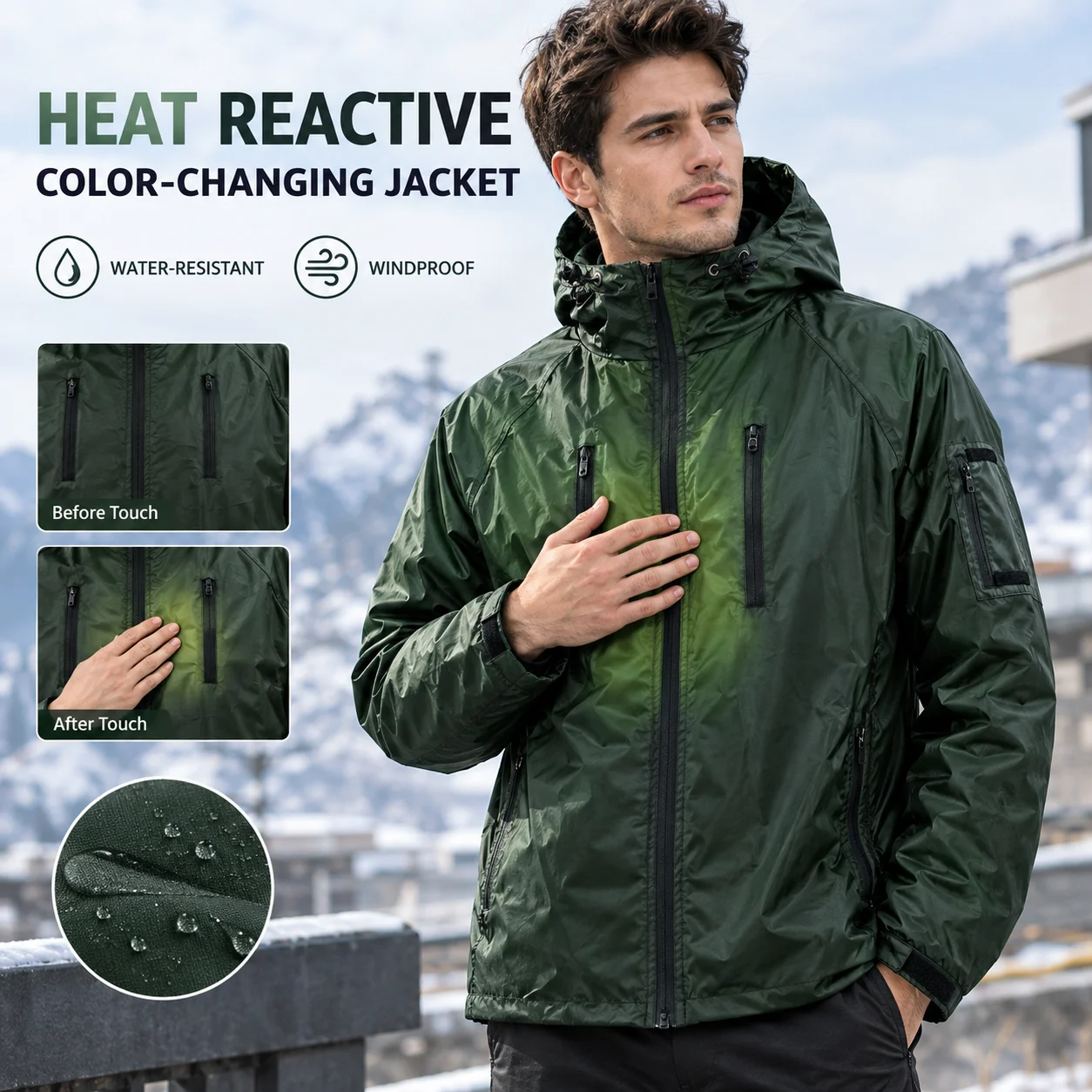 Thermochromic Color-Changing Jacket, Heat Reactive Waterproof Windbreaker, Temperature-Sensitive Outdoor Coat for Cold Weather