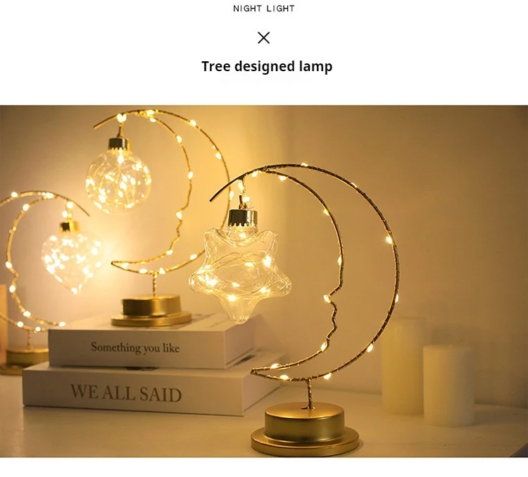 GGbingLED Light Moon Shape Design Home Decoration Star Light Indoor Ornament Small LED Night Lamp Heart Iron Material for Gift