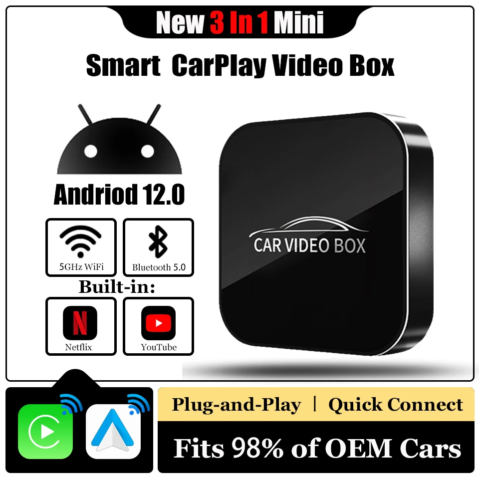 

New Mini Carplay Video Box Andriod 12.0 & Android Auto & Apple Carplay 3-in-1 Smart Adapter Built-in Netflix YouTube Plug & Play