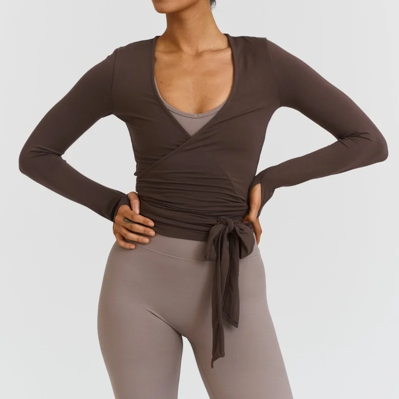 Y2k الباليه بيلاتيس التفاف الأعلى للنساء تجريب اليوغا الرقص طويلة الأكمام التفاف قميص سليم التعادل الجبهة الخروج المحاصيل القمم #6