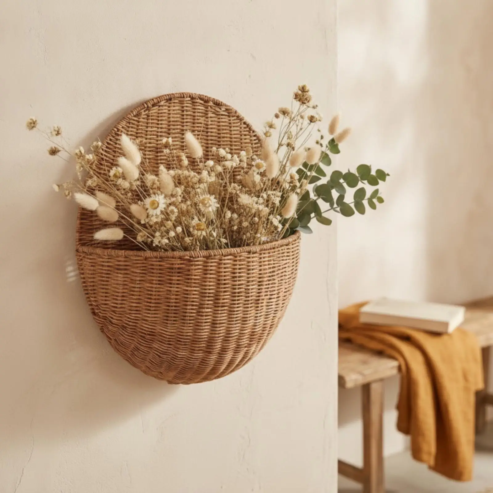 Wall-Attached Woven Rattan Basket Versatile Woven Wall Storage Basket Space Saving for Small Item Organization, Entryway, Living
