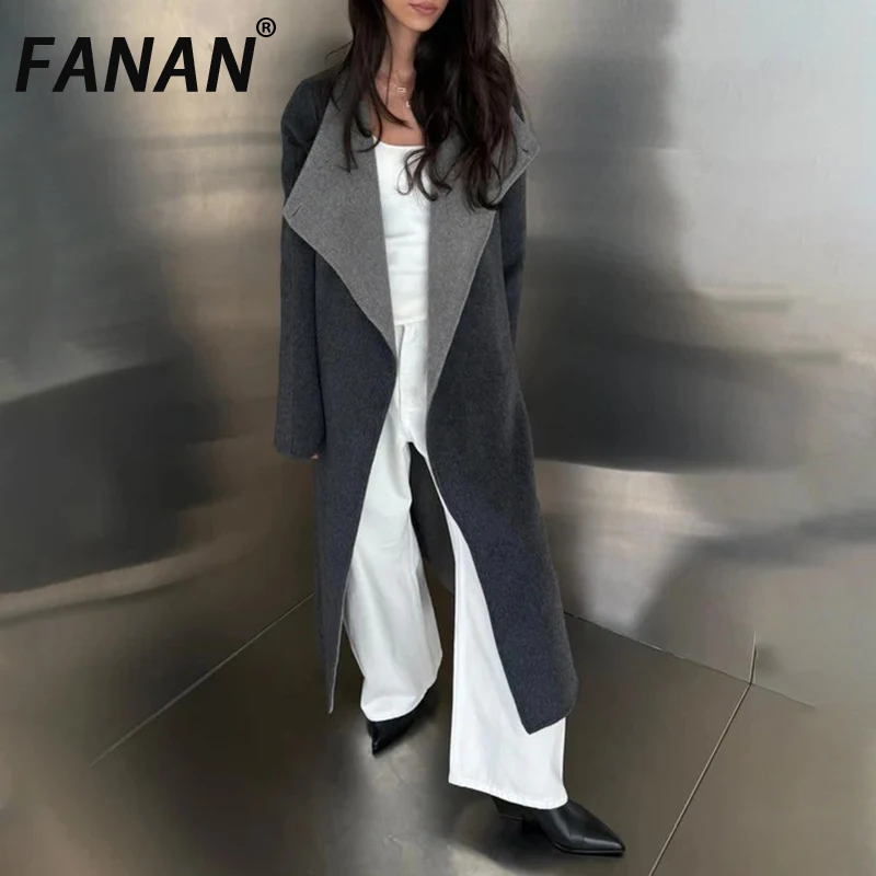 

FANAN темпераментные шерстяные пальто, женские сращенные контрастные цвета с поясом, верхняя одежда со сборками, офисная женская одежда, новинка зимы 2024, новинка