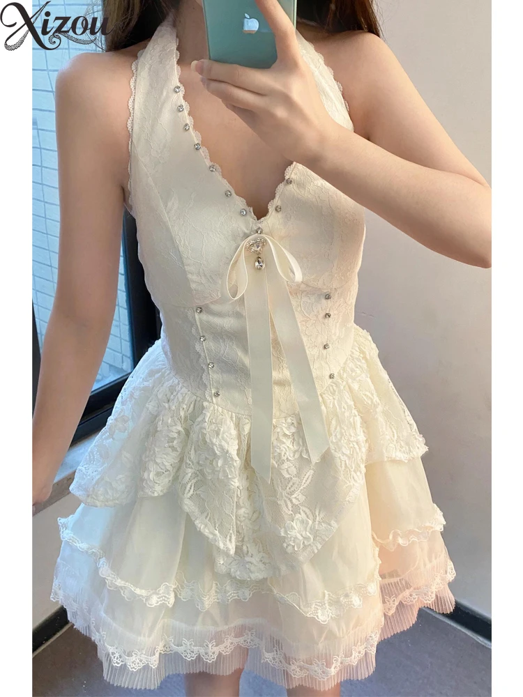 

Y2K Kawaii Lolita Cake Neck-mounted Dress 2025 Summer Korean Floral Bow Dress Sleeveless V-neck Sweet Ruffled Casual Slim Fit