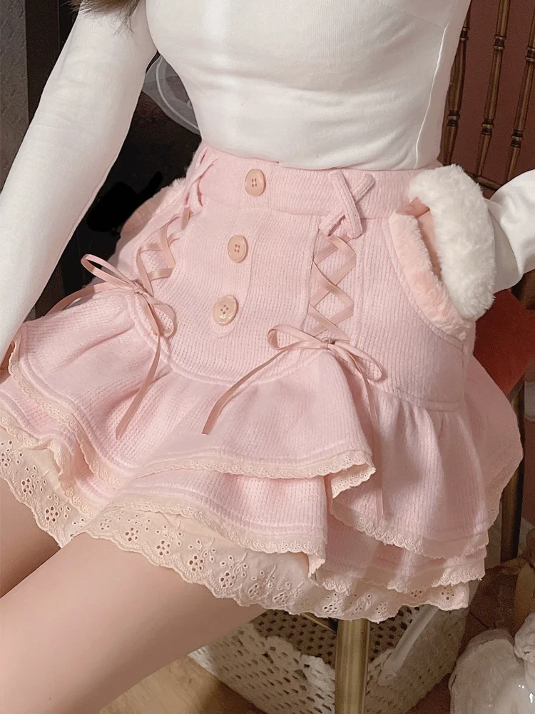 Japanese Kawaii Lolita Mini Skirt Women Winter Lace Casual Elegant Sweet Female Skirt High Waist Bandage Korean Skirt 2024 New