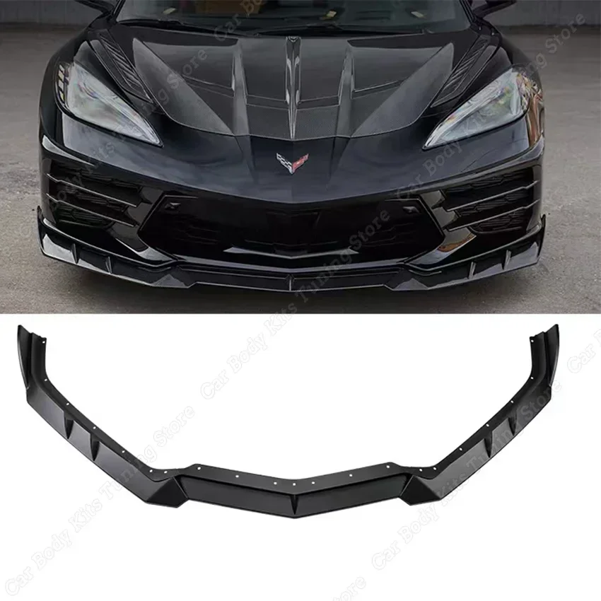 Car Front Bumper Lip Spoiler Cover Trim For Chevrolet Corvette C8 Z51 2020 2021 2022 2023+ Gloss Black Exterior Modification