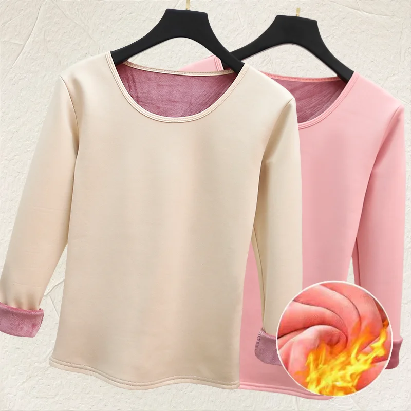 Women Winter Round Neck Thick Fleece Thermal Underwear Slim Fit Long Sleeve Soft Warm Stretchy Basic Base Layer Top Inner Shirt