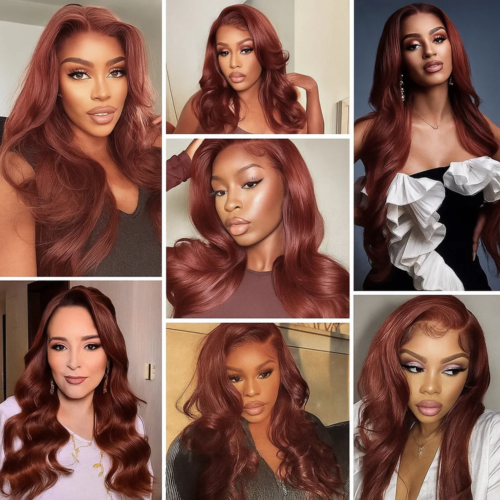 Peruca Frontal de Renda com Ondas Corpo em Tom Castanho Avermelhado, Cabelo Humano Brasileiro Pré-Desfiado, 16-32 Polegadas, Perucas Frontais de Renda Transparente 13x4