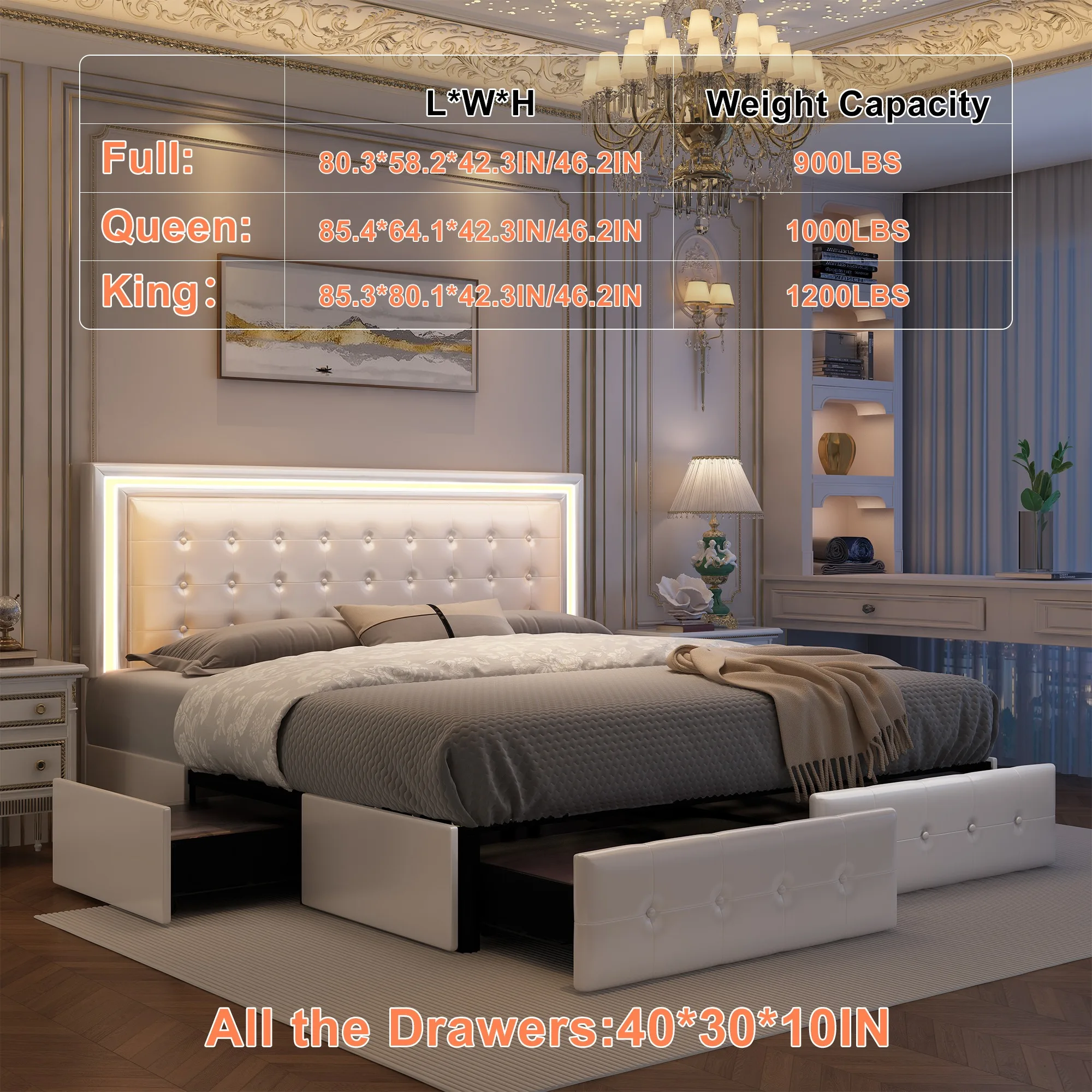 إطار سرير GEGOFORU Queen LED مع 4 أدراج تخزين، لوح رأسي RGBW، منجد من البولي يوريثان، لا حاجة إلى صندوق زنبركي، دعم 900 رطل #2